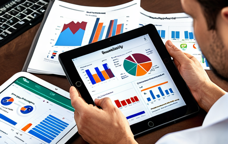 **
A person reviewing sustainability reports and B Corp certifications on a tablet, with charts and graphs visualizing company impact data in the background. The scene should convey a sense of critical analysis and informed decision-making, reflecting the importance of verifying corporate social responsibility claims. Focus on a modern, professional setting.
**